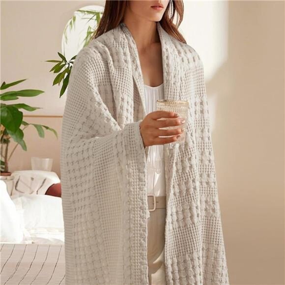 100% Cotton Waffle Weave Throw Blanket, Soft Lightweight Breathable Cozy - Picture 2 of 7